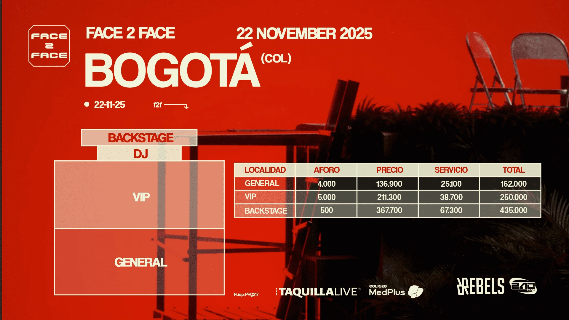 Precios de boletas del concierto de FACE2FACE 240 x REBELS en Bogotá