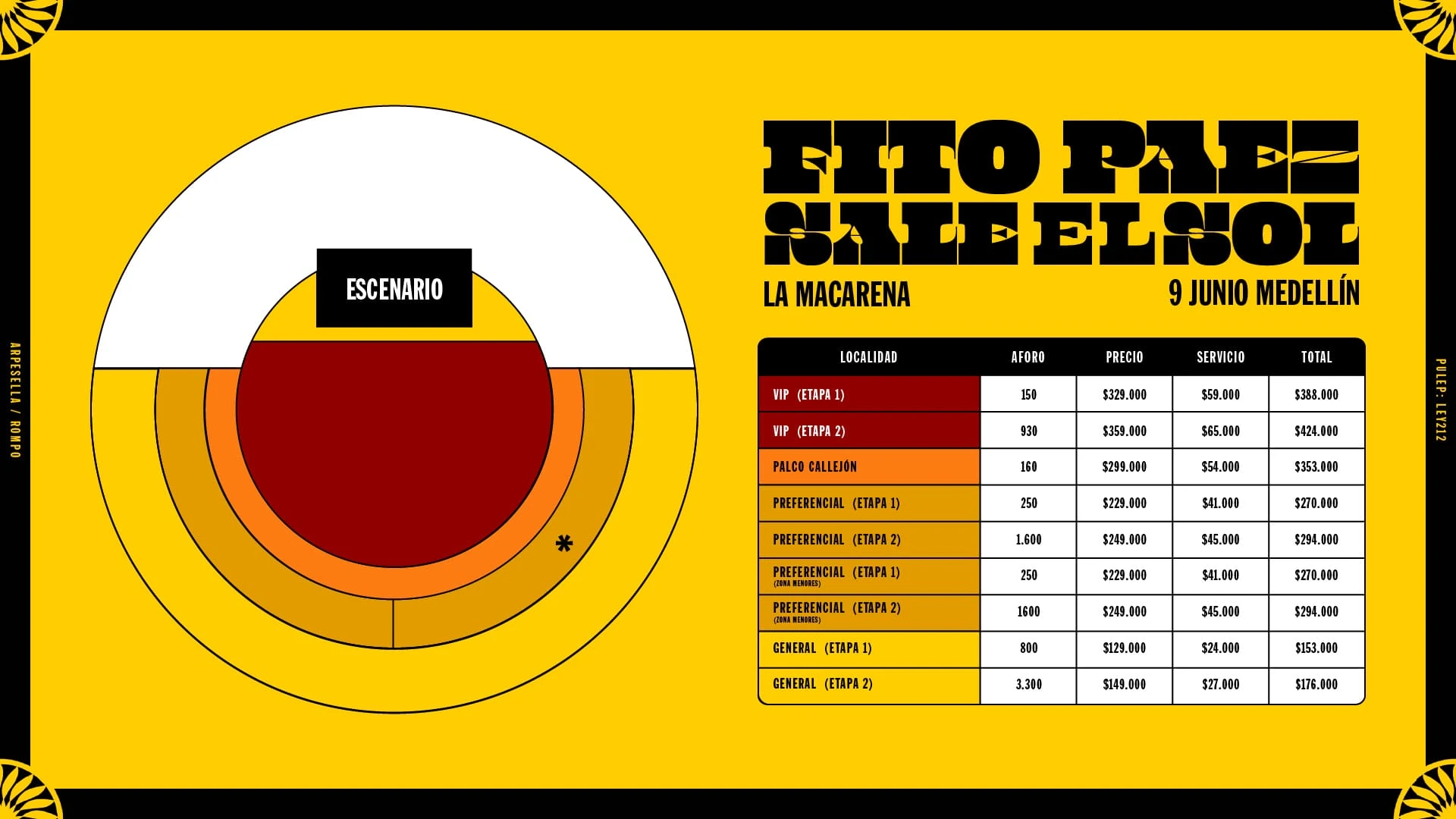 Precios de boletas del concierto de FITO PAEZ SALE EL SOL en Medellín