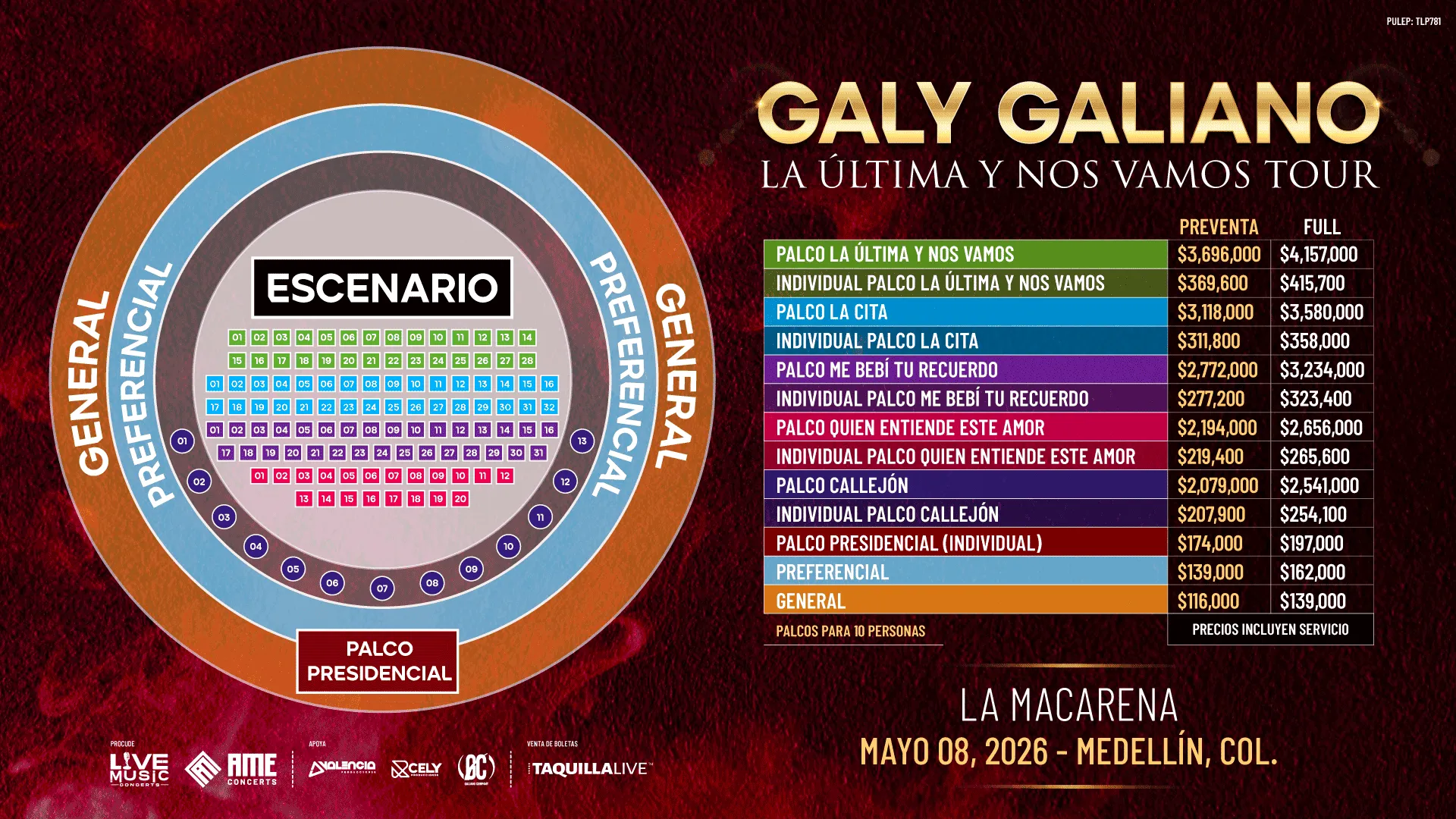 Precios de boletas del concierto de LA ULTIMA Y NOS VAMOS TOUR 2026 GALY GALIANO en Medellín
