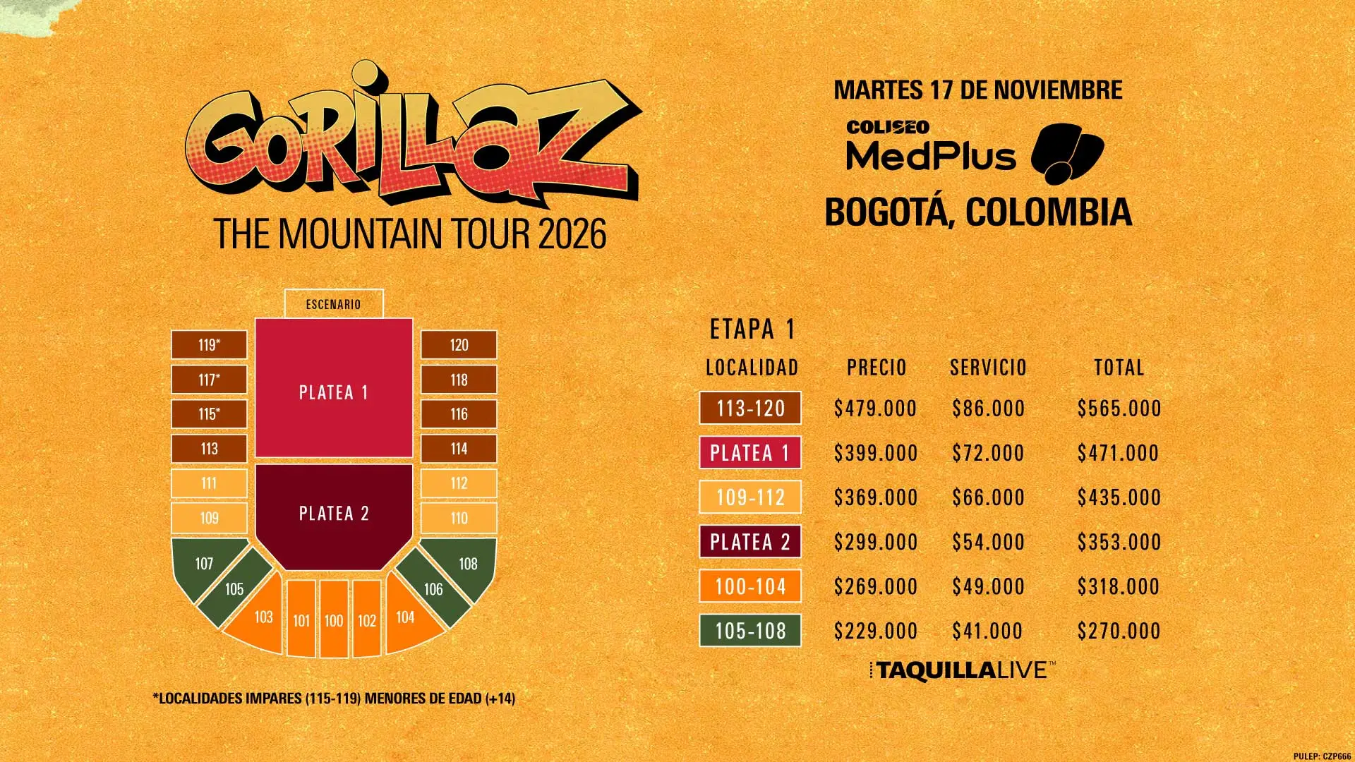 Precios de boletas del concierto de GORILLAZ - THE MOUNTAIN TOUR BOGOTA 2026 en Bogotá