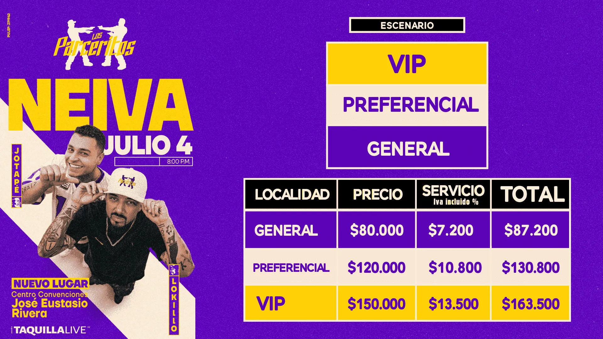 Precios de boletas del show de LOS PARCERITOS NEIVA en Neiva