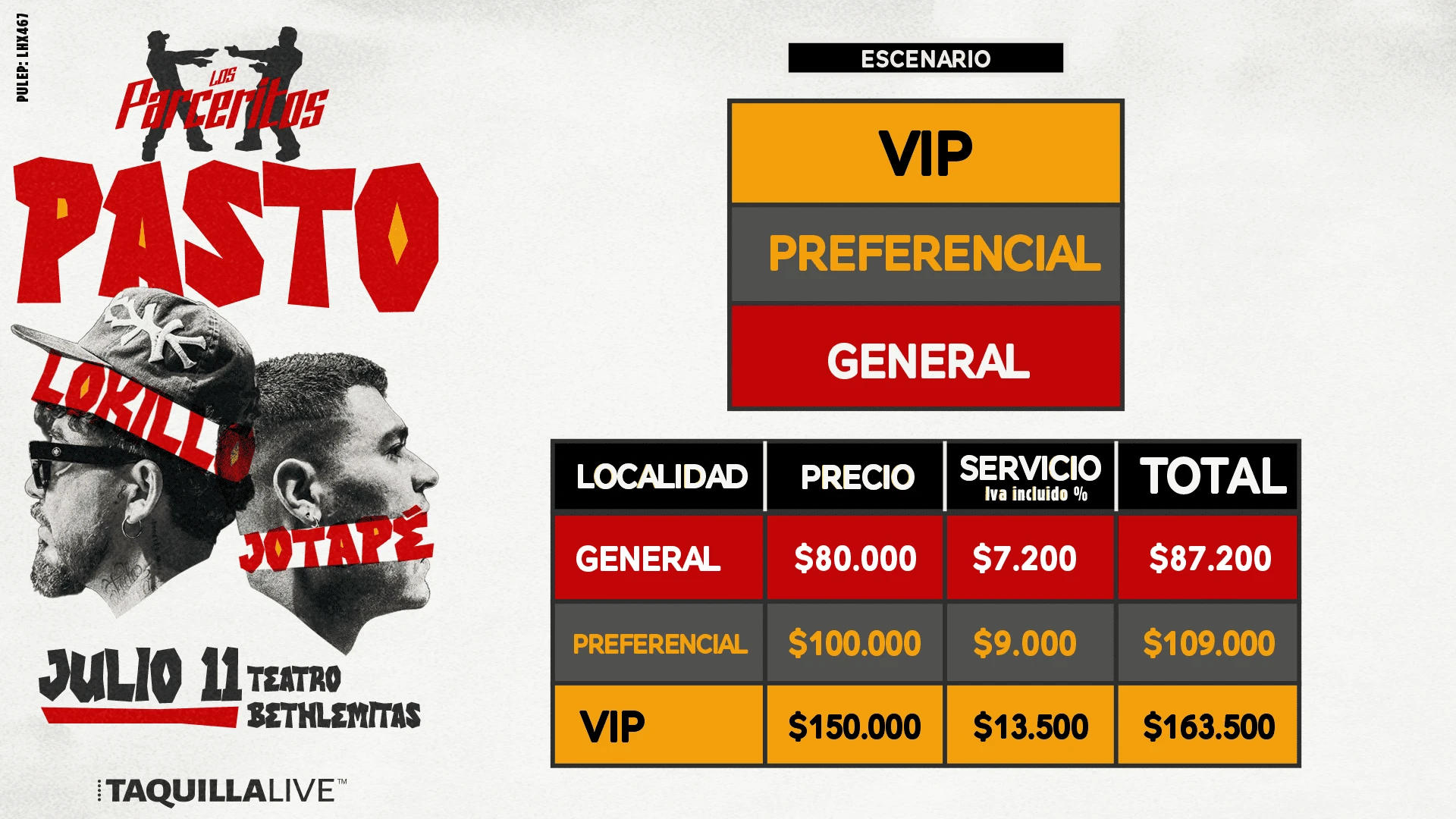 Precios de boletas del show de LOS PARCERITOS PASTO en Pasto