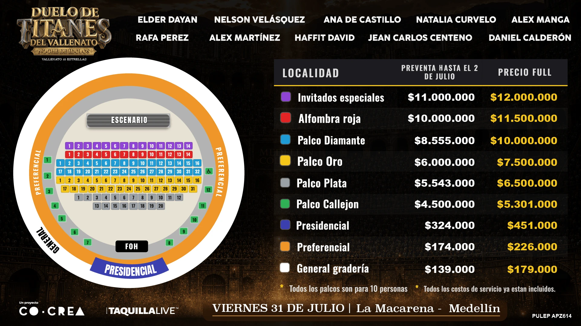 Precios de boletas del concierto de DUELO DE TITANES DEL VALLENATO - NOCHE DE IDOLOS  en Medellín