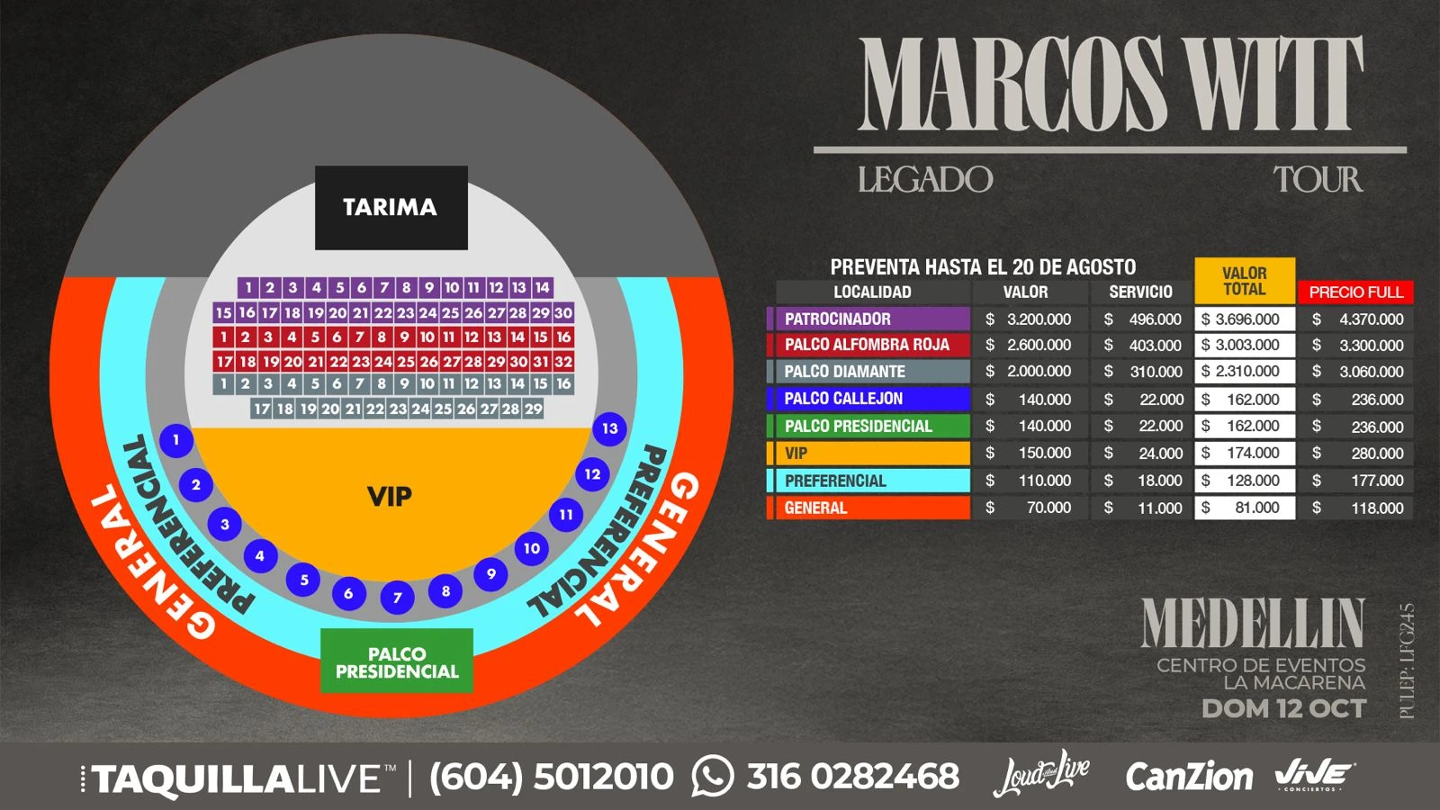 Precios de boletas del concierto de MARCOS WITT LEGADO TOUR en Medellín