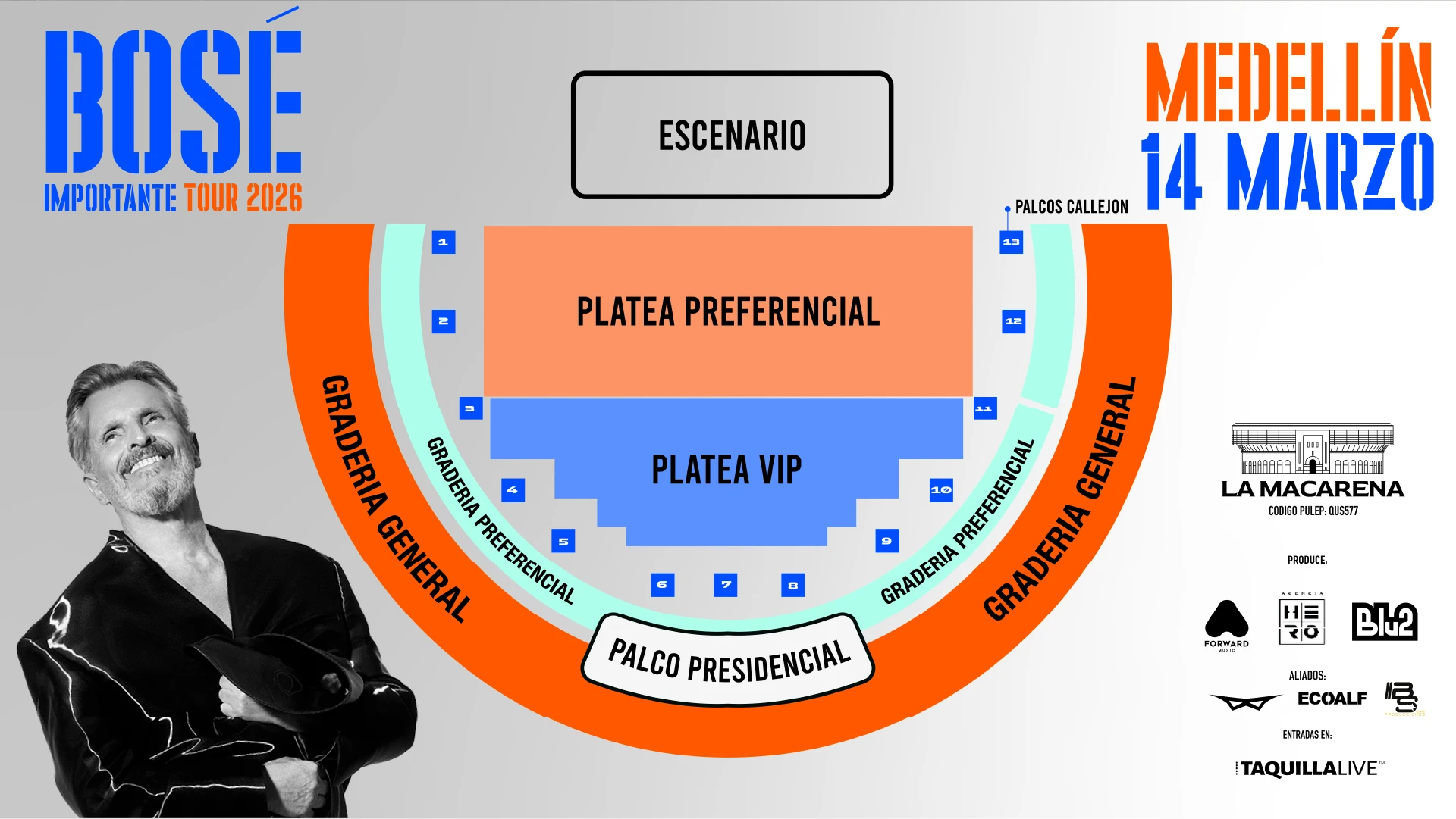 Precios de boletas del concierto de MIGUEL BOSE IMPORTANTE TOUR en Medellín